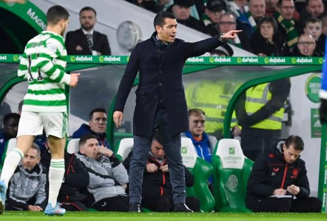 Rangers manager Giovanni van Bronckhorst tries to make a point to his players during the Old Firm clash at Celtic Park. (Photo by Rob Casey / SNS Group)