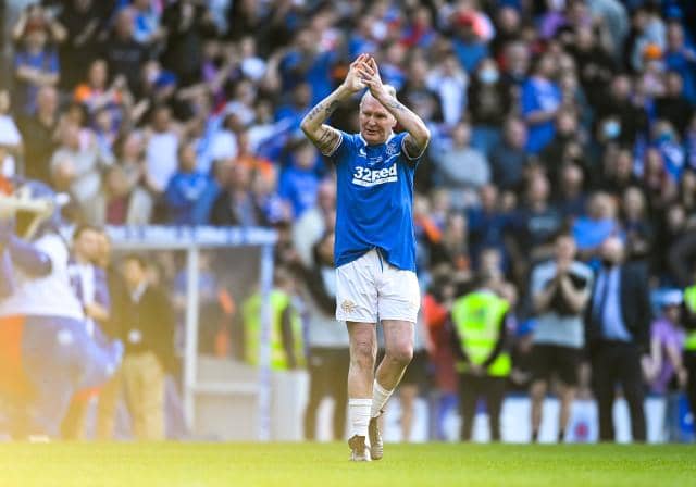 Paul Gascoigne salutes the crowd as he makes a late substitute appearance for the Rangers Legends side against a World Legends XI at Ibrox on Saturday. (Photo by Rob Casey / SNS Group)