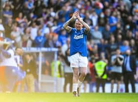 Paul Gascoigne salutes the crowd as he makes a late substitute appearance for the Rangers Legends side against a World Legends XI at Ibrox on Saturday. (Photo by Rob Casey / SNS Group)