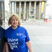 PICTURES COURTISEY OF CANCER RESEARCH UK (First use only, no removal of caption).

Breast cancer survivor Andrena Bain who lost her mum to cancer is helping to launch the Shine Night Walk Glasgow, a 10k night walk through the city streets for Cancer Research UK It takes place on Saturday September 18.


