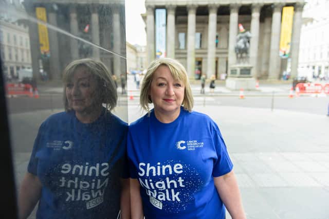 PICTURES COURTISEY OF CANCER RESEARCH UK (First use only, no removal of caption).

Breast cancer survivor Andrena Bain who lost her mum to cancer is helping to launch the Shine Night Walk Glasgow, a 10k night walk through the city streets for Cancer Research UK It takes place on Saturday September 18.


