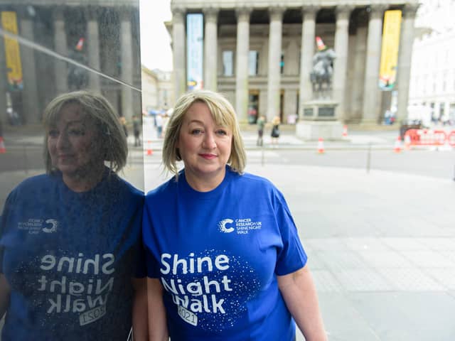 PICTURES COURTISEY OF CANCER RESEARCH UK (First use only, no removal of caption).

Breast cancer survivor Andrena Bain who lost her mum to cancer is helping to launch the Shine Night Walk Glasgow, a 10k night walk through the city streets for Cancer Research UK It takes place on Saturday September 18.


