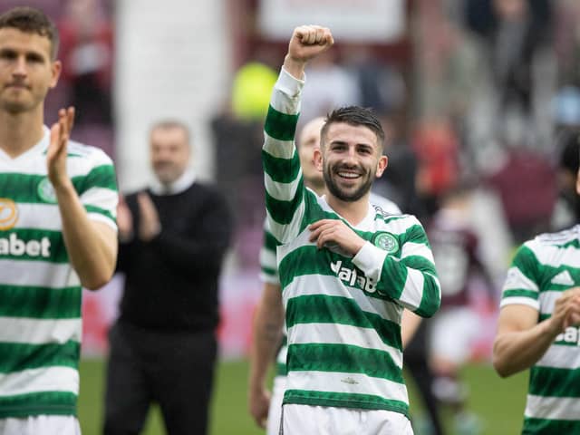 Celtic's Greg Taylor celebrates at full time after scoring the winner in the 4-3 victory over Hearts at Tynecastle Park. (Photo by Craig Williamson / SNS Group)