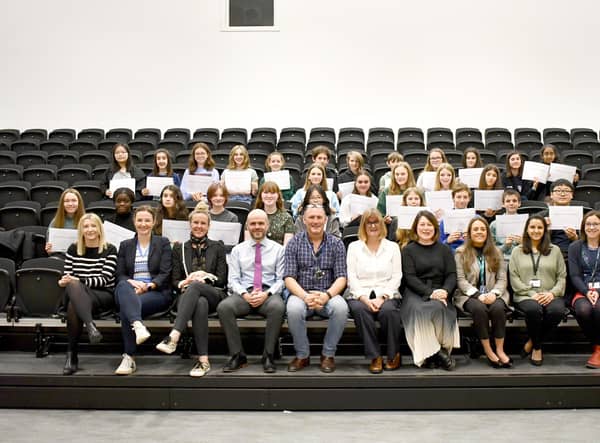 S2 pupils who completed Women in Property outreach programme with representatives from the Association of Women in Property and Contractor McLaughlin & Harvey, officers from the Council's Major Assets team, teachers, Head Teacher Barry Smedley and Councillor Lynda Williamson, Convener of Education