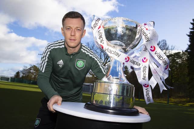 Celtic captain Callum McGregor with the Viaplay Cup trophy. Photo by Alan Harvey / SNS Group)