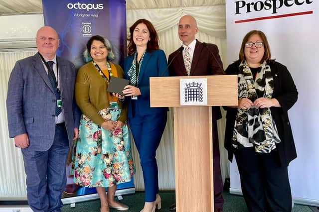 Kirsten Oswald’s staff members Duncan McLean (parliamentary advisor), Nix Prabhu (caseworker), Carolyn McCole (office manager) with Lord Adonis and Kirsten Oswald.