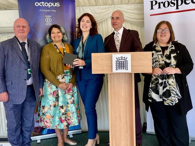 Kirsten Oswald’s staff members Duncan McLean (parliamentary advisor), Nix Prabhu (caseworker), Carolyn McCole (office manager) with Lord Adonis and Kirsten Oswald.