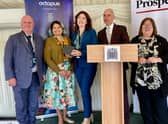 Kirsten Oswald’s staff members Duncan McLean (parliamentary advisor), Nix Prabhu (caseworker), Carolyn McCole (office manager) with Lord Adonis and Kirsten Oswald.