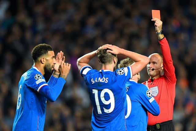 Rangers defender James Sands is sent off in the 55th minute of the Champions League defeat to Napoli at Ibrox. (Photo by ANDY BUCHANAN/AFP via Getty Images)