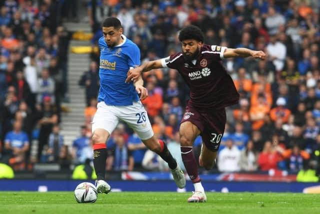 Rangers defender Leon Balogun holds off Hearts striker Ellis Simms during the Scottish Cup final at Hampden. (Photo by Craig Foy / SNS Group)