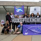 The group Faces And Voices of Recovery hold a protest outside the Scottish Parliament as Scotland's drugs death figures were published on July 28, 2022. Photo by Lisa Ferguson.