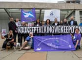The group Faces And Voices of Recovery hold a protest outside the Scottish Parliament as Scotland's drugs death figures were published on July 28, 2022. Photo by Lisa Ferguson.