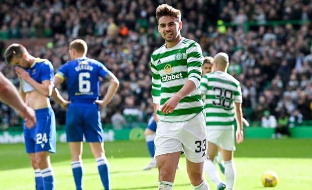 GLASGOW, SCOTLAND - APRIL 09: Celtic's Matt O'Riley celebrates making it 5-0 during a cinch Premiership match between Celtic and St Johnstone at Celtic Park, on April 09, 2022, in Glasgow, Scotland. (Photo by Rob Casey / SNS Group)