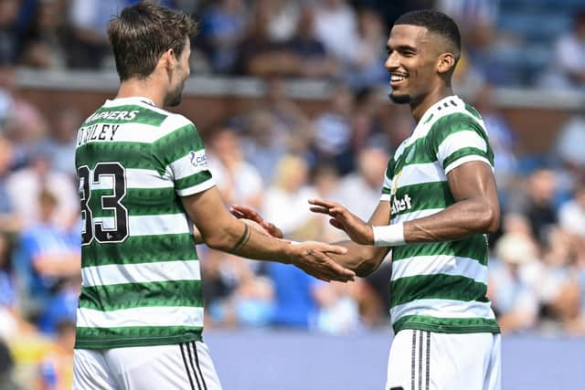 Matt O'Riley congratulates his close friend Moritz Jenz after the German centre-back's second goal in two Celtic outings. The tally from goals from this area of the side is now four from three league games but the 21-year-old midfielder believes there could be even more to come from this area for the Scottish champions. (Photo by Rob Casey / SNS Group)