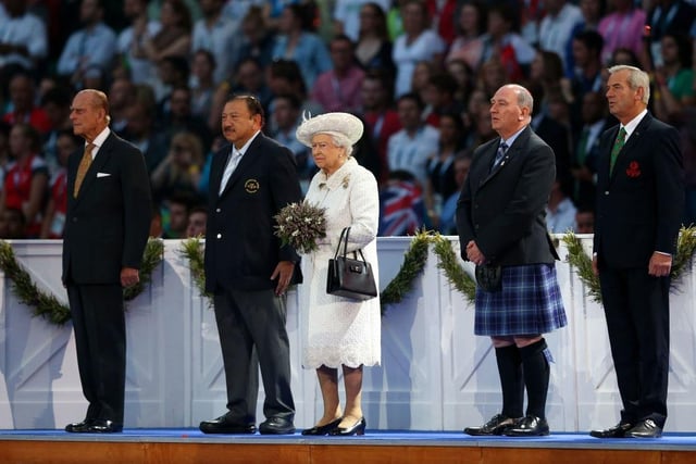 (L-R) Prince Philip, Duke of Edinburgh, HRH Prince Imran the CGF President, Queen Elizabeth II, Patron of the CGF, Michael Cavanagh, Chairman Commonwealth Games Scotland and The Chairman of Glasgow 2014, Lord Smith of Kelvin during the Opening Ceremony for the Glasgow 2014 Commonwealth Games at Celtic Park on July 23, 2014.