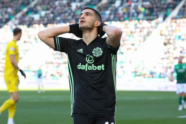 Celtic's Liel Abada looks to the skies after passing up a chance against Hibs. (Photo by Alan Harvey / SNS Group)