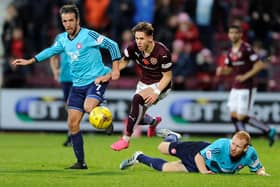Dougie Imrie (1st left) in action for Hamilton Accies against Hearts (Pic by Neil Hanna)