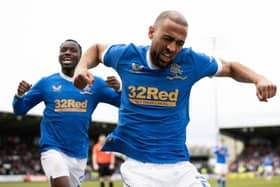 Kemar Roofe celebrates after completing his hat-trick in Rangers' Premiership victory over St Mirren in Paisley on Sunday. (Photo by Craig Williamson / SNS Group)