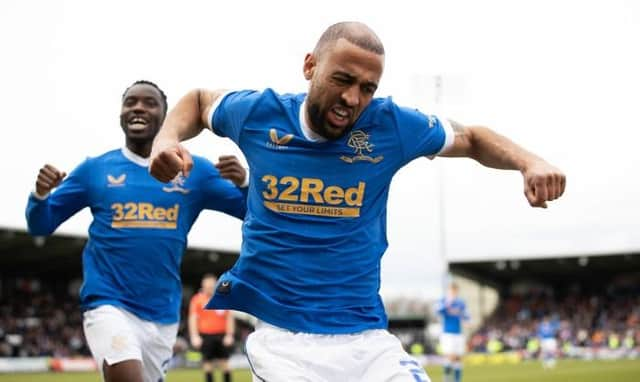 Kemar Roofe celebrates after completing his hat-trick in Rangers' Premiership victory over St Mirren in Paisley on Sunday. (Photo by Craig Williamson / SNS Group)