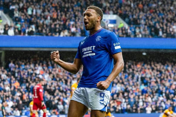 Rangers' Cyriel Dessers celebrates as he scores to make it 1-0 against Motherwell.