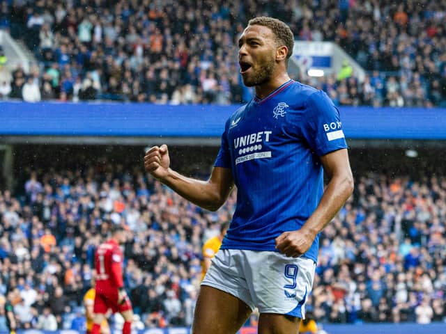 Rangers' Cyriel Dessers celebrates as he scores to make it 1-0 against Motherwell.
