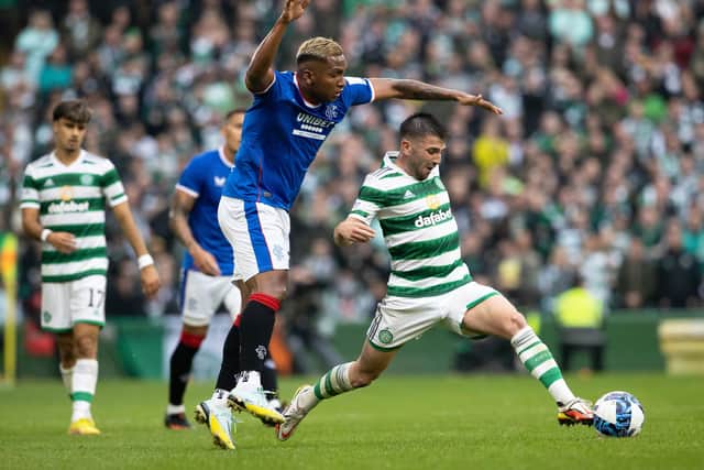 Celtics Greg Taylor, here seen holding off Alfredo Morelos in his club's 4-0 derby dumping, has been a stand-out in Scotland this season and would walk into a current combined best XI formed from the Glasgow clubs.  (Photo by Alan Harvey / SNS Group)