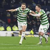 Celtic's James Forrest celebrates his goal in the Premier Sports Cup semi-final win over St Johnstone at Hampden Park. (Photo by Rob Casey / SNS Group)