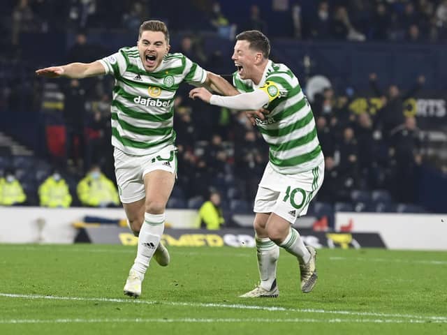 Celtic's James Forrest celebrates his goal in the Premier Sports Cup semi-final win over St Johnstone at Hampden Park. (Photo by Rob Casey / SNS Group)