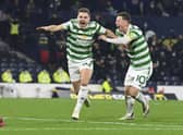 Celtic's James Forrest celebrates his goal in the Premier Sports Cup semi-final win over St Johnstone at Hampden Park. (Photo by Rob Casey / SNS Group)