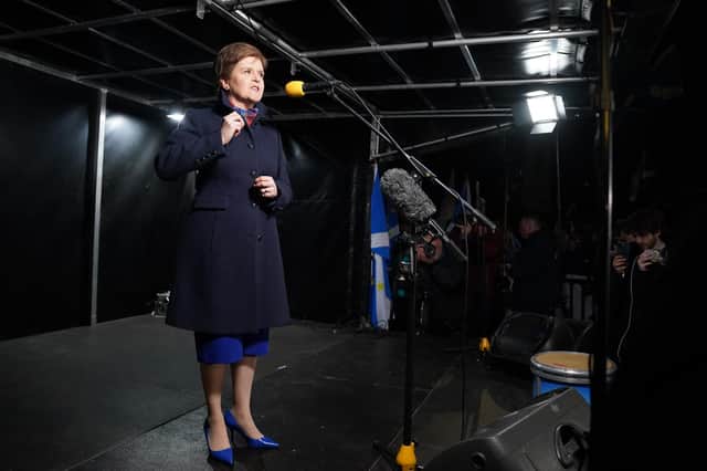 <p>First Minister Nicola Sturgeon speaking at a rally outside the Scottish Parliament in Edinburgh: Wednesday November 23, 2022.</p>