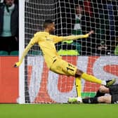 Amahl Pellegrino scores Bodo/Glimt's second goal in their 3-1 win over Celtic in the Europa Conference League. (Photo by Craig Williamson / SNS Group)