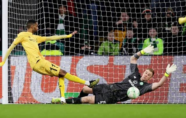 Amahl Pellegrino scores Bodo/Glimt's second goal in their 3-1 win over Celtic in the Europa Conference League. (Photo by Craig Williamson / SNS Group)