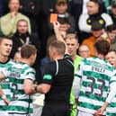 Celtic’s Joe Hart is shown a straight red card by referee John Beaton for denying a goalscoring opportunity in the win over Livingston. (Photo by Ross MacDonald / SNS Group)