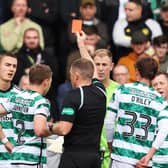 Celtic’s Joe Hart is shown a straight red card by referee John Beaton for denying a goalscoring opportunity in the win over Livingston. (Photo by Ross MacDonald / SNS Group)
