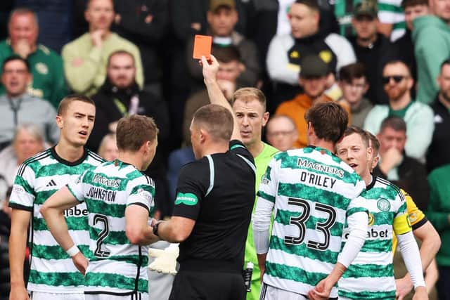 Celtic’s Joe Hart is shown a straight red card by referee John Beaton for denying a goalscoring opportunity in the win over Livingston. (Photo by Ross MacDonald / SNS Group)