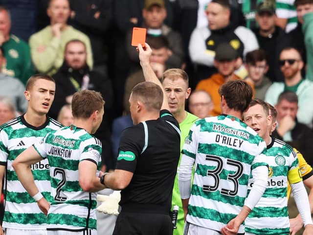 Celtic’s Joe Hart is shown a straight red card by referee John Beaton for denying a goalscoring opportunity in the win over Livingston. (Photo by Ross MacDonald / SNS Group)