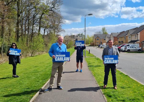 Scottish Conservative leader Douglas Ross and Scottish Conservative Eastwood candidate Jackson Carlaw campaigning in Newton Mearns