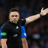 Referee Matthew MacDermid during the Premier Sports Cup last 16 match between Rangers and St Johnstone at Hampden Park, on August 17, 2024.  (Photo by Craig Williamson / SNS Group)