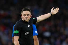Referee Matthew MacDermid during the Premier Sports Cup last 16 match between Rangers and St Johnstone at Hampden Park, on August 17, 2024.  (Photo by Craig Williamson / SNS Group)