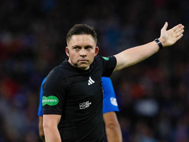 Referee Matthew MacDermid during the Premier Sports Cup last 16 match between Rangers and St Johnstone at Hampden Park, on August 17, 2024.  (Photo by Craig Williamson / SNS Group)