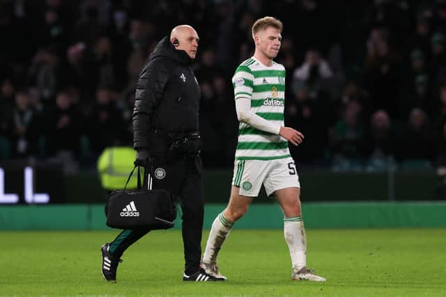 Celtic's Stephen Welsh goes off with an injury in the second half. (Photo by Craig Williamson / SNS Group)