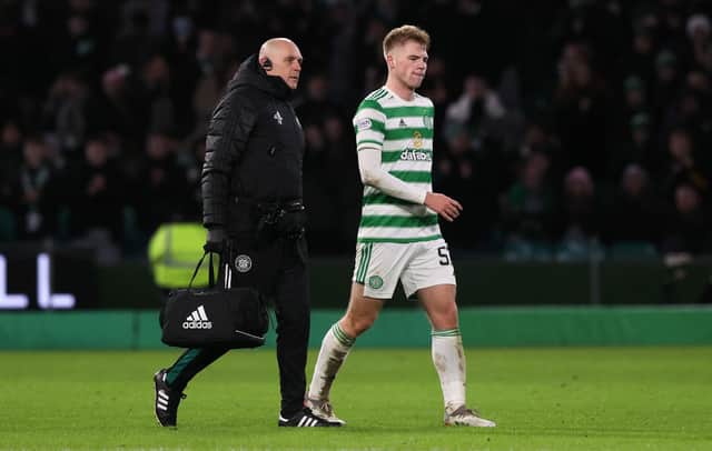 Celtic's Stephen Welsh goes off with an injury in the second half. (Photo by Craig Williamson / SNS Group)