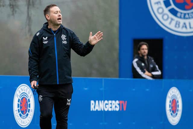 New manager Michael Beale oversees a Rangers training session at Auchenhowie.