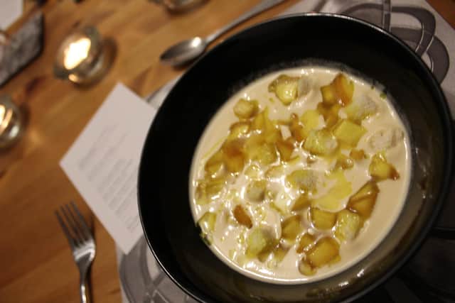 The smooth caramelised cauliflower and apple veloute.