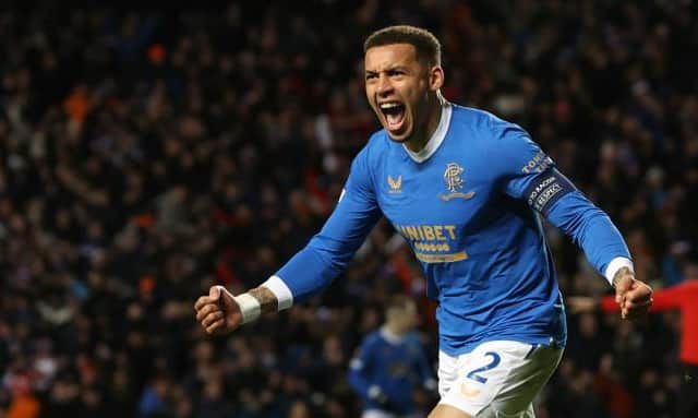 Rangers captain James Tavernier celebrates his second goal of the night at Ibrox as his team defeated Borussia Dortmund 6-4 on aggregate to reach the last 16 of the Europa League. (Photo by Alan Harvey / SNS Group)