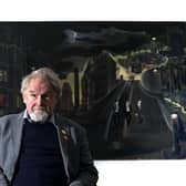 Alasdair Gray pictured with the mural Cowcaddens Streetscape in the Fifties in 2014.. 