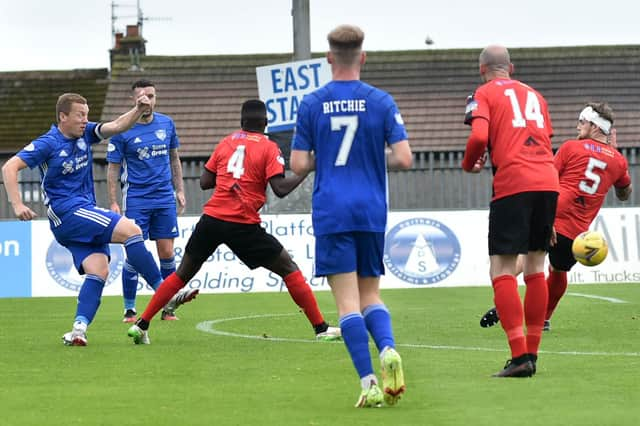 Scott Brown scores Peterhead's second goal against Clyde (pic: Duncan Brown)