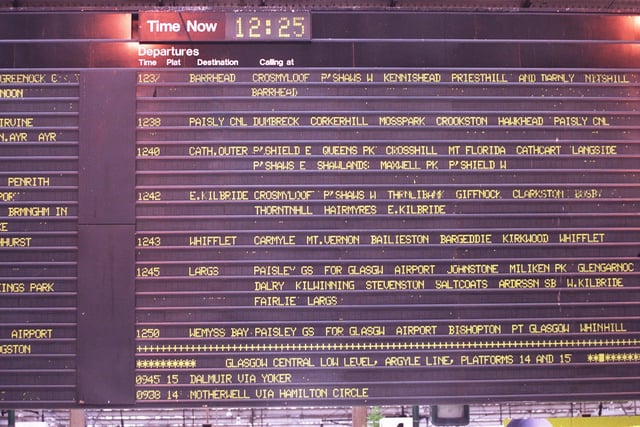 Glasgow Central station indicator board in 1997.