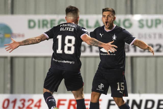 FALKIRK, SCOTLAND - SEPTEMBER 23: Falkirk's Gary Oliver celebrates scoring to make it 2-0 with teammate Leon McCann during a SPFL Trust Trophy match between Falkirk and Partick Thistle at the Falkirk Stadium, on September 23, 2022, in Falkirk, Scotland. (Photo by Craig Foy / SNS Group)