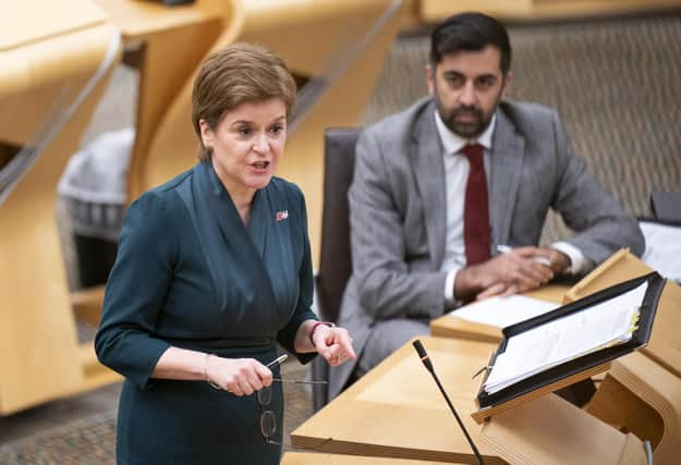 First Minster Nicola Sturgeon during First Minster's Questions in the debating chamber of the Scottish Parliament in Edinburgh.